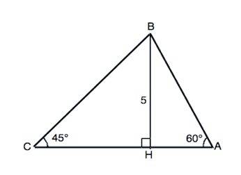 С! заранее ! высота треугольника равна 5 см, а углы, прилегающих к основанию, равны 60 и 45 градусов