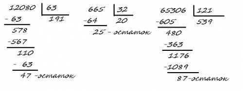 Выполните деление с остатком: ж) 12 080 на 63 з) 66 500 на 3200 и) 65 306 на 121 в столбик, .