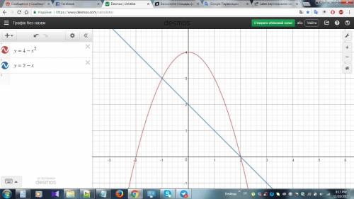 Вычислите площадь фигуры, ограниченной линиями у = 4 - х^2, у = 2 - х.