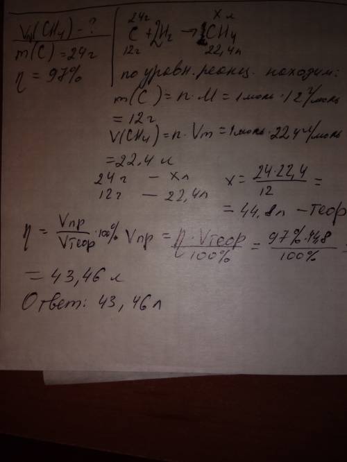 Определите объем метана (н.у) который можна добыть из углерода массой 24 г и водорода, если массовая