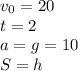 v_0=20 \\t=2 \\a=g=10 &#10;\\S=h