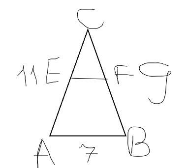 Втреугольнике abc даны стороны ab=7см, bc=9см, ас=11см. найдите длину отрезка eh, где e-середина ac,