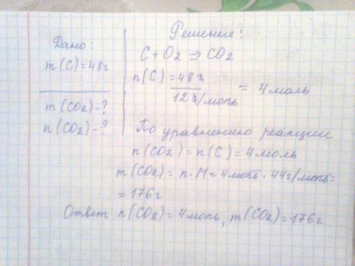 Какова масса и количество вещества диоксида углерода который образуется при взаимодействии 48г угля