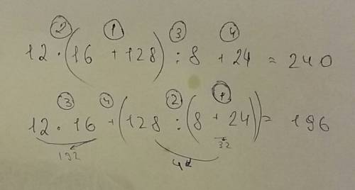 Расставь скобки что бы получилось верное равенство. 12*16+128: 8+24=240 12*16+128: 8+24=196 сос