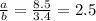 \frac{a}{b} = \frac{8.5}{3.4} =2.5