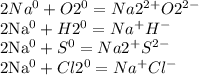 2Na ^{0} + O2^{0} = Na2 ^{2+} O2 ^{2-} &#10;&#10; 2Na^{0}+ H2 ^{0} = Na^{+} H^{-} &#10;&#10; 2Na^{0} + S^{0}= Na2^{+} S^{2-} &#10;&#10; 2Na^{0} + Cl2^{0} = Na^{+} Cl^{-}