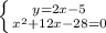 \left \{ {{y=2x-5} \atop { x^{2} +12x-28=0}} \right.