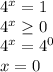 4^x=1 \\ &#10;4^x \geq 0 \\ &#10;4^x=4^0 \\ &#10;x=0