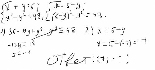 Решить систему уравнений x+y=6; y^2-y^2=48