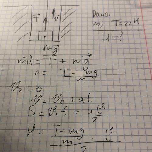 Тело массой 2 кг тянут вверх за нить с силой 22 н из состояния покоя с пола. на какую высоту оно под