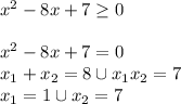 x^2-8x+7 \geq 0 \\ \\ x^2-8x+7=0 \\ x_1+x_2=8 \cup x_1x_2=7 \\ x_1=1 \cup x_2=7