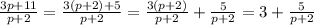 \frac{3p+11}{p+2}= \frac{3(p+2)+5}{p+2}= \frac{3(p+2)}{p+2}+ \frac{5}{p+2}=3+ \frac{5}{p+2}