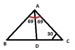 Втреугольнике abc. ad-биссектриса, угол c равен 30 градусо, угол bad равен 69 градусов. найдите угол