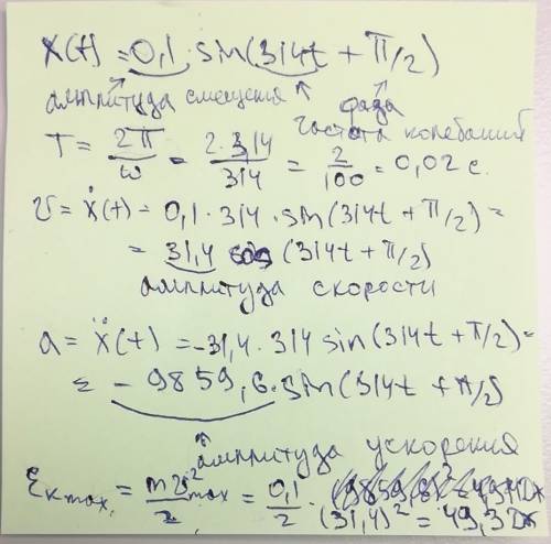 Тело массой 0.10 кг совершает гармонические колебания по закону x=0,10 sin(314*t+п/2). определить ам