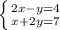 \left \{ {{2x-y=4} \atop {x+2y=7}} \right. &#10;&#10;&#10;