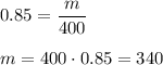 0.85=\dfrac{m}{400}\\ \\ m=400\cdot 0.85=340