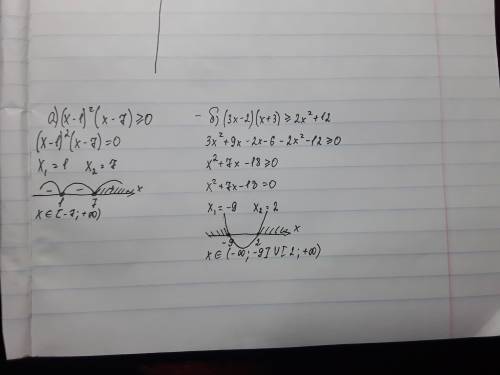 Решить неравенства а) (х-1)²(х-7)≥0 б) (3х-2)(х+3)≥2х²+12