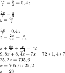 \frac{2x}{7} = \frac{y}{3} =0,4z \\ \\ \frac{2x}{7}= \frac{y}{3} \\ y= \frac{6x}{7} \\ \\ \frac{2x}{7} =0.4z \\ z= \frac{2x}{2.8} = \frac{x}{1,4} \\ \\ x+ \frac{6x}{7} + \frac{x}{1,4} =72 \\ 9,8x+8,4x+7x=72*1,4*7 \\ 25,2x=705,6 \\ x=705,6:25,2 \\ x=28