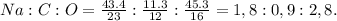 Na:C:O= \frac{43.4}{23} : \frac{11.3}{12} : \frac{45.3}{16} =1,8:0,9:2,8.