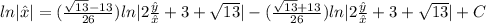 ln|\hat{x}|=(\frac{\sqrt{13}-13}{26})ln|2\frac{\hat{y}}{\hat{x}}+3+\sqrt{13}|-(\frac{\sqrt{13}+13}{26})ln|2\frac{\hat{y}}{\hat{x}}+3+\sqrt{13}|+C