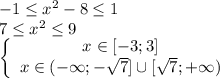 -1 \leq x^2-8 \leq 1 \\ 7 \leq x^2 \leq 9 \\ \left \{\begin{array}{I} x \in [-3;3] \\ x \in (- \infty ; - \sqrt{7}] \cup [ \sqrt{7}; + \infty) \end{array}}