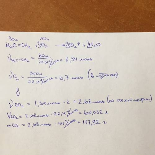 )этилен объемом 30 л сожгли в кислороде объемом 150 л. определите объем и массу образовавшегося угле