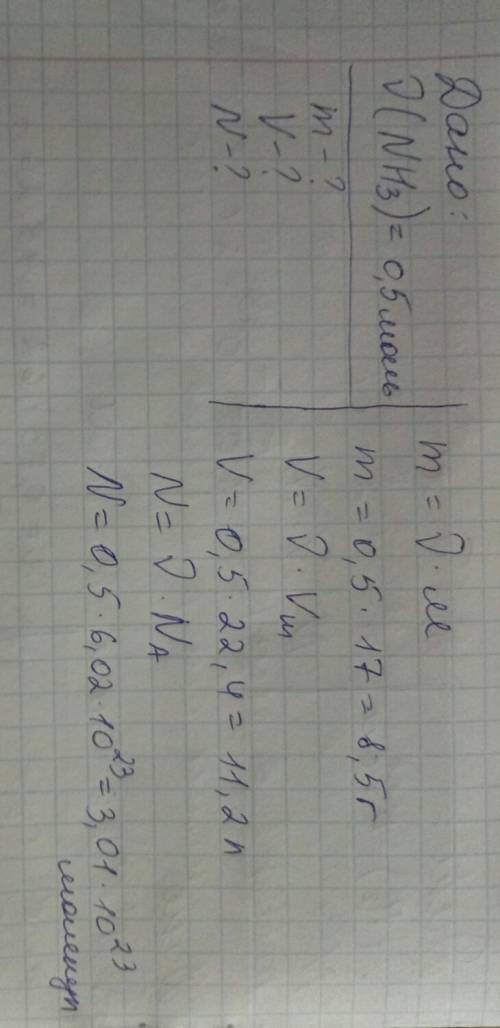 Вычислите массу, объем и число молекул аммиака (nh3) взятого количеством 0,5 моль