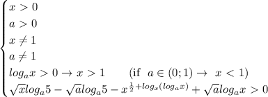 \begin{cases} \displaystyle x\ \textgreater \ 0\\a\ \textgreater \ 0\\x \neq 1\\a \neq 1\\log_ax\ \textgreater \ 0\rightarrow x\ \textgreater \ 1\quad \quad (\text{if}\,\,\,\,a\in(0;1)\rightarrow \,\,x\ \textless \ 1)\\\sqrt{x}log_a5- \sqrt{a}log_a5-x^{ \frac{1}{2}+log_x(log_ax) }+ \sqrt{a}log_ax\ \textgreater \ 0 \end{cases}