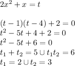 2x^2+x=t \\ \\ (t-1)(t-4)+2=0 \\ t^2-5t+4+2=0 \\ t^2-5t+6=0 \\ t_1+t_2=5 \cup t_1t_2=6 \\ t_1=2 \cup t_2=3