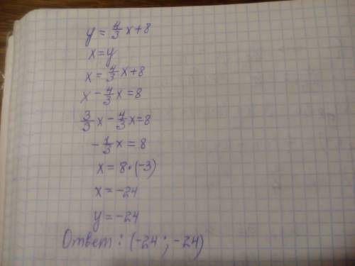 Найдите такую точку графика линейной функции у=4/3х+8,абсцисса которой равна ординате