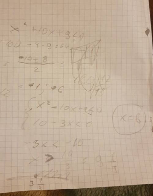 Решите систему неравенств {х^2-10х+9≤0{10-3х< 0