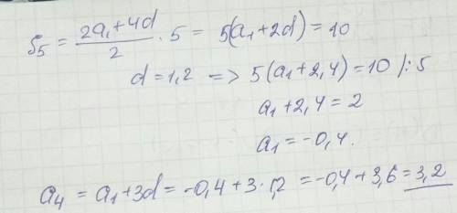 Дана арифметическая прогрессия. найдите а4 если s5=10 и d=1,2