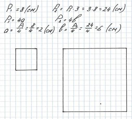 Начерти 2 таких квадрата,чтобы периметр первого был равен 8 см, а периметр второго был бы в 3 раза б