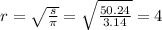 r = \sqrt{ \frac{s}{\pi} } = \sqrt{ \frac{50.24}{3.14} } = 4