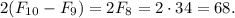 2(F_{10}-F_9)=2F_8=2\cdot 34=68.