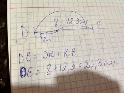 Точка k лежит между точками d и e,причём dk=8 см,ke=12,3см.найдите расстояние между точками d иe