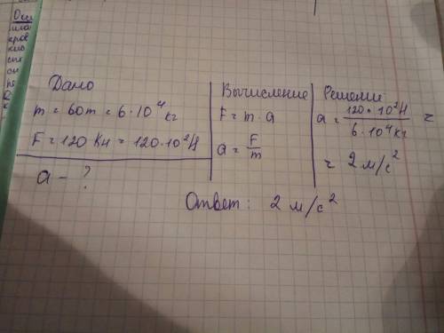 Скаким ускорением двигалась ракета , m=60 м, при силе тяги 120 кн.