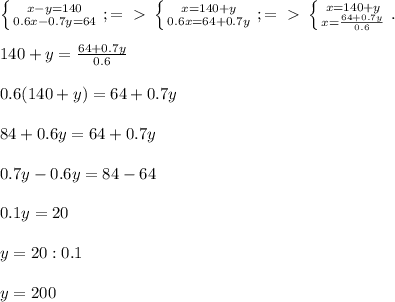 \left \{ {{x-y=140} \atop {0.6x-0.7y=64}} \right. ; =\ \textgreater \ \left \{ {{x=140+y} \atop {0.6x=64+0.7y}} \right. ;=\ \textgreater \ \left \{ {{x=140+y} \atop {x= \frac{64+0.7y}{0.6} }} \right. . \\ \\ 140+y= \frac{64+0.7y}{0.6} \\ \\ 0.6(140+y)=64+0.7y \\ \\ 84+0.6y=64+0.7y \\ \\ 0.7y-0.6y=84-64 \\ \\ 0.1y=20 \\ \\ y=20:0.1 \\ \\ y=200 \\