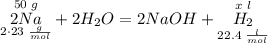 \overset{50 \; g}{\underset{2 \cdot 23 \; \frac{g}{mol}}{2Na}} + 2H_{2}O = 2NaOH + \overset{x \; l}{\underset{22.4 \; \frac{l}{mol}}{H_{2}}}