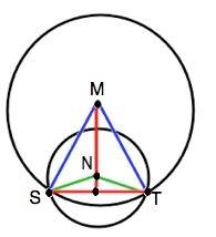 Окружности с центрами в точках m и n пересекаются в точках s и t,причём точки m и n лежат по одну ст
