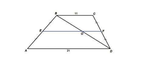 Основания трапеции равны 21 и 11. найдите больший из отрезков, на которые делит среднюю линию этой т