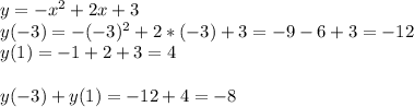 y=-x^2+2x+3 \\ y(-3)=-(-3)^2+2*(-3)+3=-9-6+3=-12 \\ y(1)=-1+2+3=4 \\ \\ y(-3)+y(1)=-12+4=-8