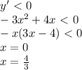 y'\ \textless \ 0 \\ -3x^2+4x\ \textless \ 0 \\ -x(3x-4)\ \textless \ 0 \\ x=0 \\ x= \frac{4}{3}