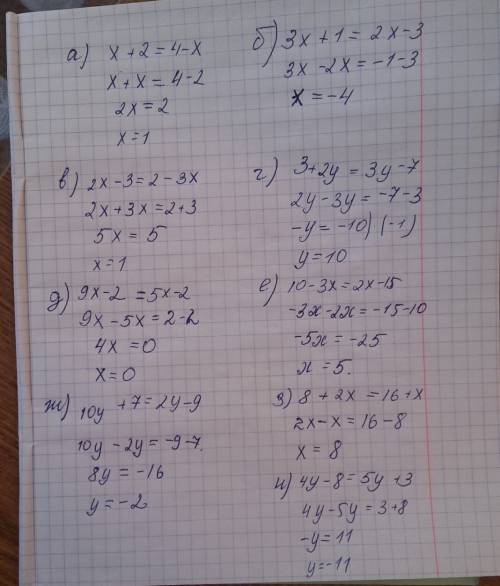 Решите уравнение а)x+2=4-x б)3x+1=2x-3 в)2x-3=2-3x г)3+2y=3y-7 д)9x-2=5x-2 е)10-3x=2x-15 ж)10y+7=2y-