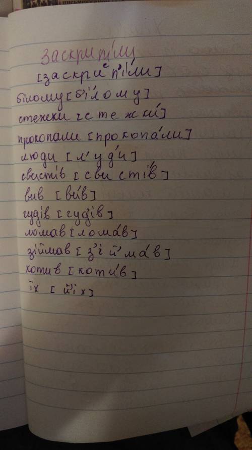 Сделать фонетический разбор слов: заскрипіли, білому, стежки, прокопали, люди, свистів, вив, гудів,