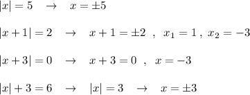 |x|=5\; \; \; \to \; \; \; x=\pm 5\\\\|x+1|=2\; \; \; \to \; \; \; x+1=\pm 2\; \; ,\; \; x_1=1\; ,\; x_2=-3\\\\|x+3|=0\; \; \; \to \; \; \; x+3=0\; \; ,\; \; x=-3\\\\|x|+3=6\; \; \; \to \; \; \; |x|=3\; \; \; \to \; \; \; x=\pm 3