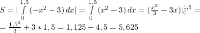 S= |\int\limits^{1,5}_0 {(-x^2-3)} \, dx| =\int\limits^{1,5}_0 {(x^2+3)} \, dx=( \frac{x^3}{3}+3x )|^{1,5}_0= \\ =\frac{1,5^3}{3} +3*1,5=1,125+4,5=5,625