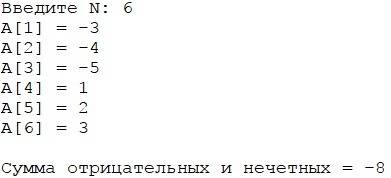 Дан массив из n элементов. определить сумму тех, которые нечетны и отрицательны.