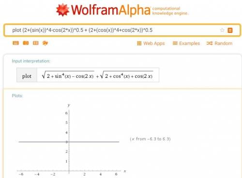 Постройте график функции: у=(√2+sin^4x-cos2x)+(√2+cos^4x+cos2x) все выражение в скобке находятся под