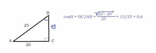 Длины двух больших сторон прямоугольного треугольника равны 20 см и 25 см. найдите значение косинуса
